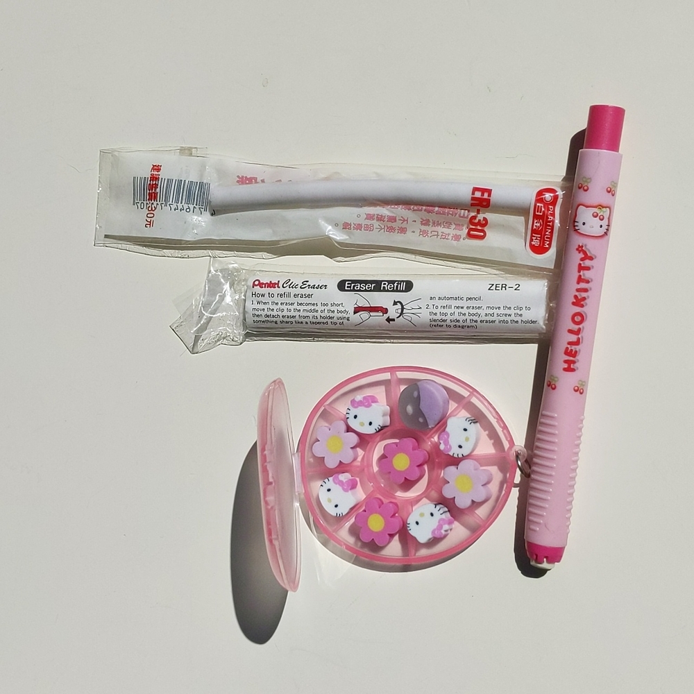 Hello Kitty Sanrio erasers, two kinds, one with three eraser refills.